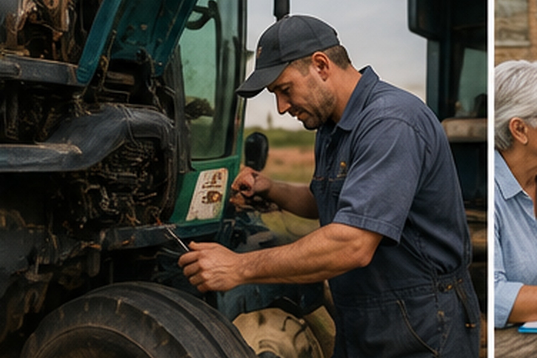 A farm service professional repairing agricultural equipment in the field.