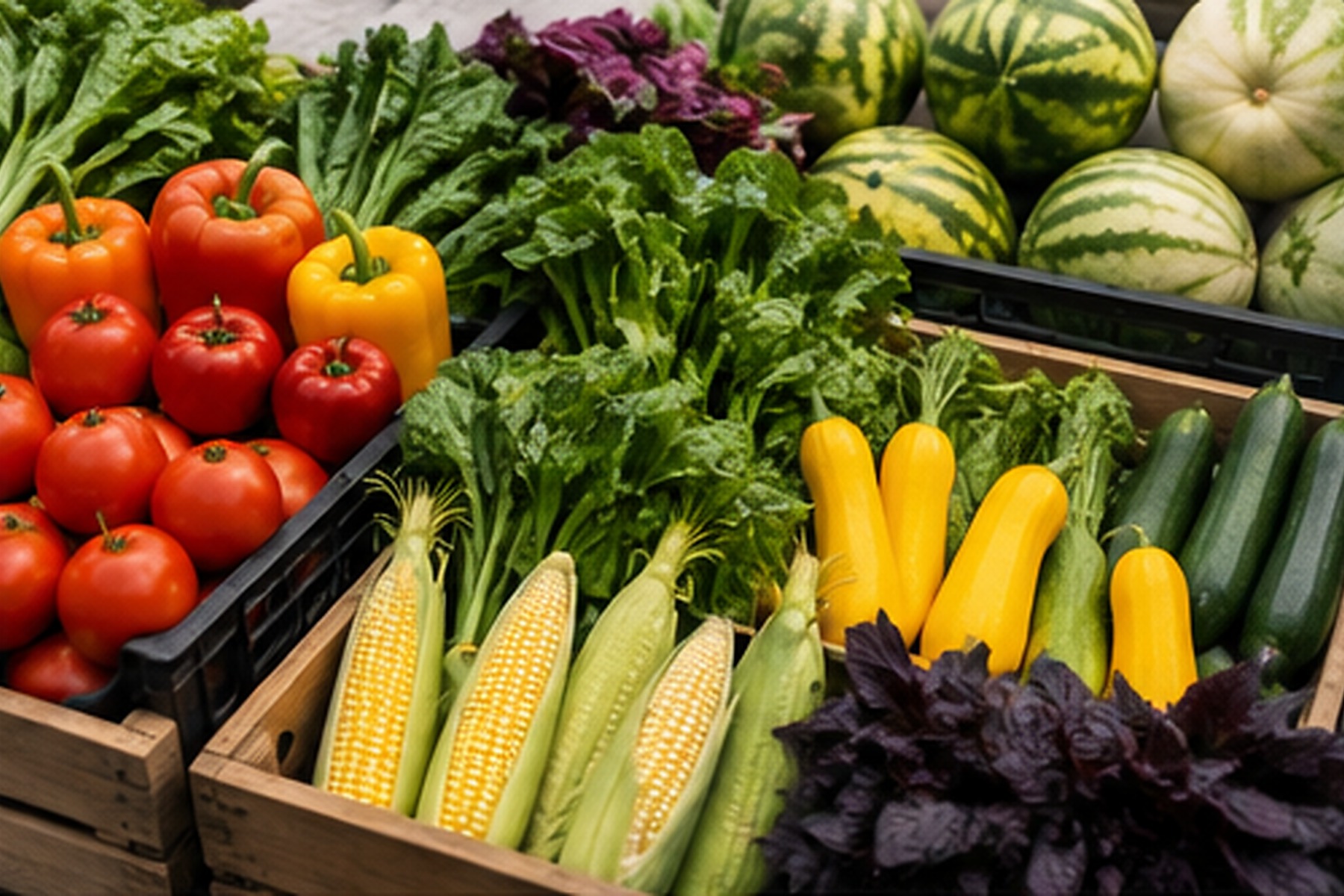 Fresh local tomatoes, peppers, greens, corn, squash and melons arranged in harvest crates.