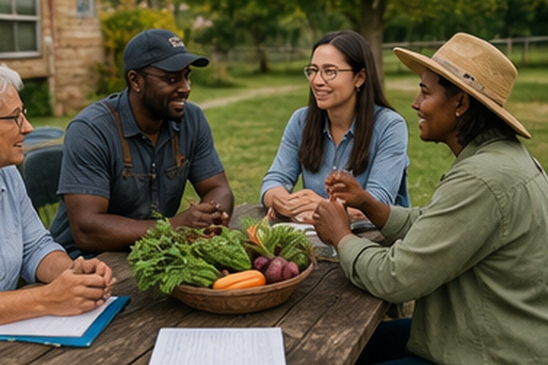 Farmers, buyers and local food partners meeting around fresh produce.
