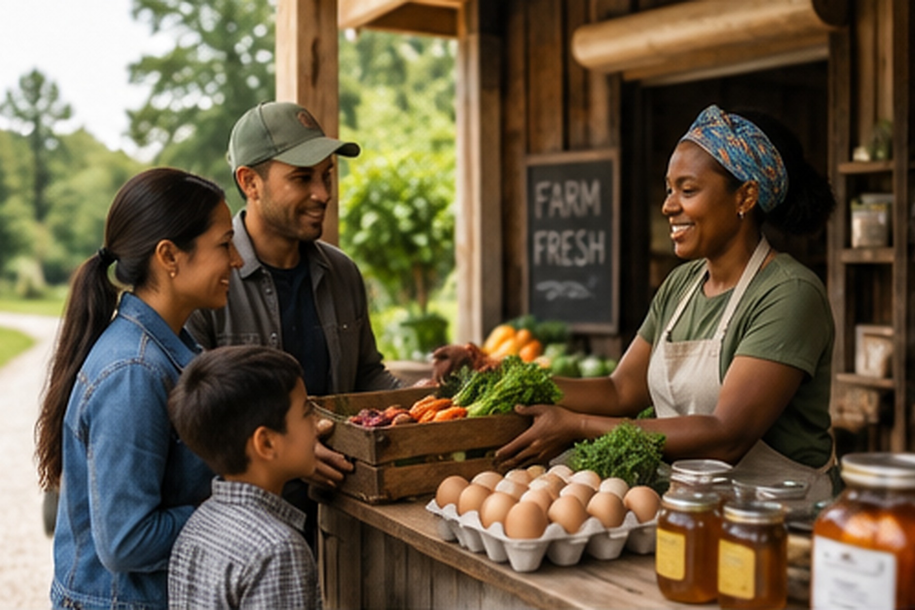 A family choosing fresh local food directly from a farmer at a farm pickup stand.