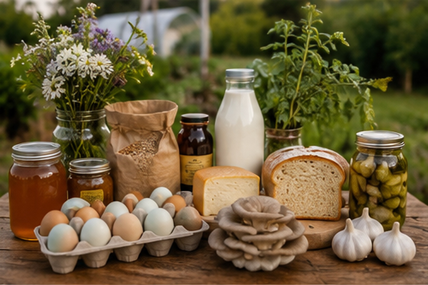 Local eggs, honey, dairy, grains, mushrooms, bread, flowers and preserves arranged together.