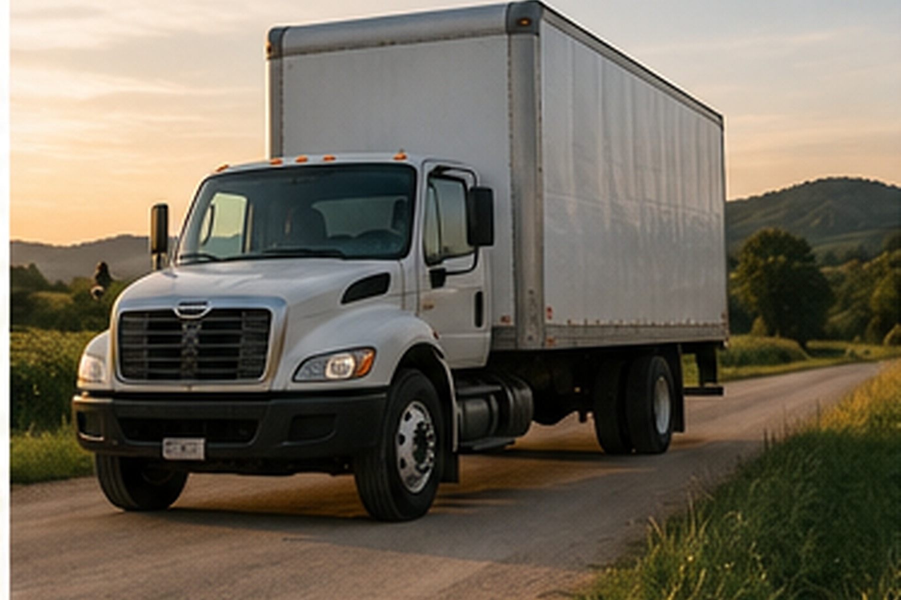 A regional food delivery box truck travelling through an agricultural area.